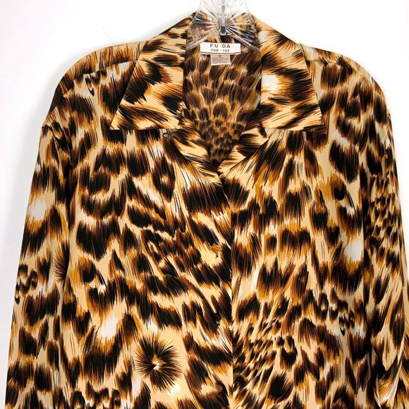 Vintage Fu Da Silk Animal Leopard Tiger Print & Face Blouse Sz M - Picture 5 of 16